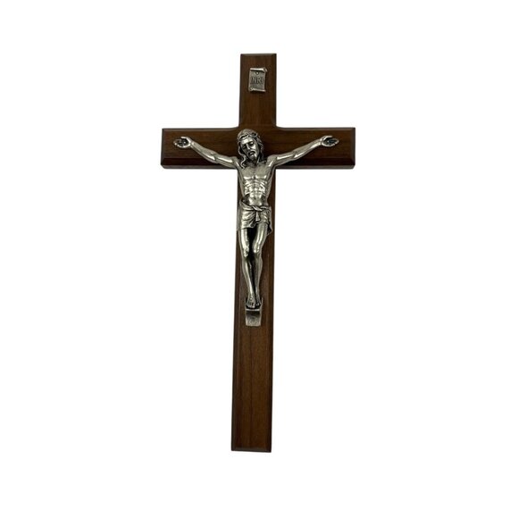 Mcvan Walnut Wood Wall Crucifix Cross 10" Beveled Edges Silvertone Corpus USA - Picture 1 of 7